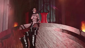 Dominant milf shadowheart in leather bdsm clothe dances solo in castle
