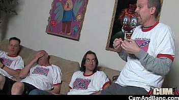Black chick deepthroats a group of white studs and gets rewarded with cum 3