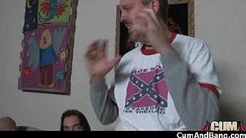 Black chick deepthroats a group of white studs and gets rewarded with cum 3