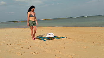 Slender beauty walks along the beach and swims in the sea meet me