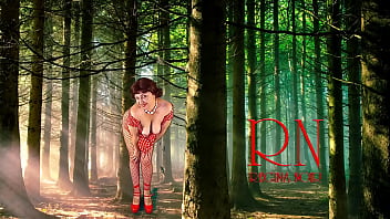 Pin up lady posing in the forest she shows her tits and pussy mesh tights regina noir