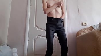 Student with small tits jerk off in leather jeans Student with small tits jerk off in leather jeans