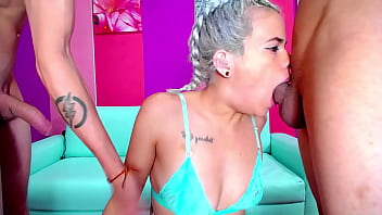 White haired girl gets two cocks down her throat fucking hard sloppy