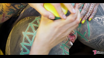 Two tattooed babes get their holes gaped wide with big toys Two tattooed babes get their holes gaped wide with big toys