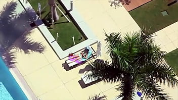 Cute girl in glasses by the pool picked up