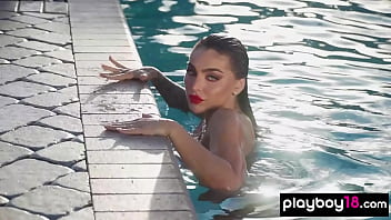 Glamorous all natural naked beauty drops off her bright red swimsuit