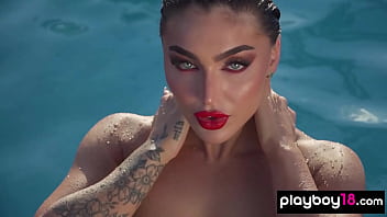 Glamorous all natural naked beauty drops off her bright red swimsuit