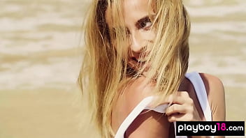 Glamorous all natural blonde muse poses naked at the beach