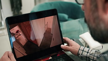 Busty black teen fucks stepdad after catching him watch her via cctv