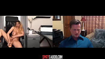 Blonde babe plays with huge dildo on camera while her boss watch