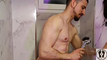 Remove soap with cold water on teen and big boobs massage