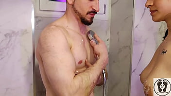 Remove soap with cold water on teen and big boobs massage