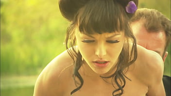 An elegant dame's pussy is squirting while is fucked in the canoe and a few minutes later her partner unloads all over her nylon clad feet