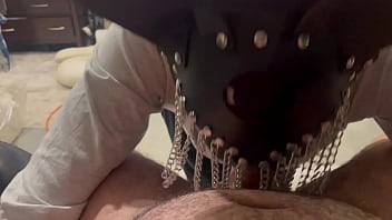 Small dick master facefucks ebony slave in chains mask