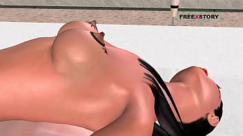 Animated threesome sex between a beautiful girl and two men in various positions including double penetration