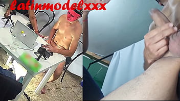 A girl lends her hand to make him cum during a live streaming