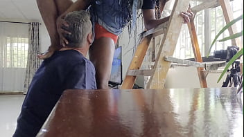 Hanging curtains leads to intense sex on the coffee table