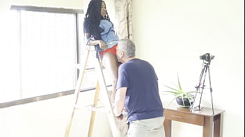 Hanging curtains leads to intense sex on the coffee table