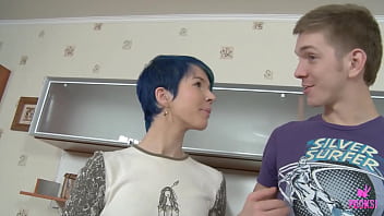 Aster v is a slim blue haired brunette she's so innocent looking and slutty watch this sexy brat riding his hard cock like a maniac then she drops to her knees to get facialized by milo p