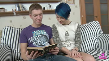 Aster v is a slim blue haired brunette she's so innocent looking and slutty watch this sexy brat riding his hard cock like a maniac then she drops to her knees to get facialized by milo p