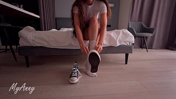 A curly haired model in sneakers gets a sweet creampie fetish shoes sneakers feet