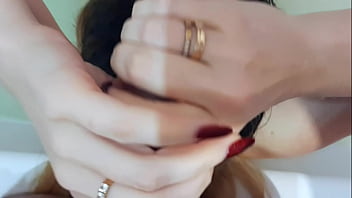 Jerking off a dick in the bathroom on her head cum on her hair cool hair mask