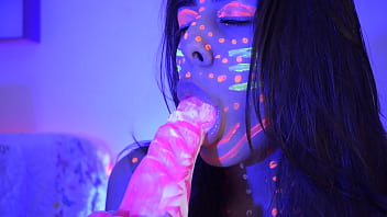 Naughty blowjob to a big shape dildo