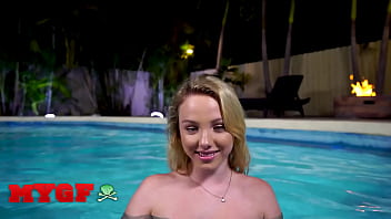 My gf dixie lynn sucks leo valentino's dick then they fuck hard right next to the pool