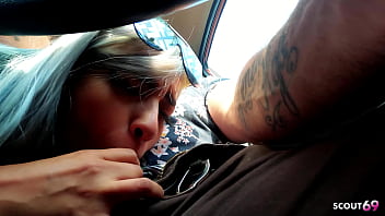 Sexy blonde latina teen model pick up and talk to first time mmf threesome in car by two friends at holiday trip