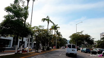 Sexy blonde latina teen model pick up and talk to first time mmf threesome in car by two friends at holiday trip