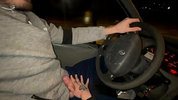 Double blowjob while driving a van
