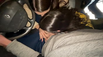 Double blowjob while driving a van