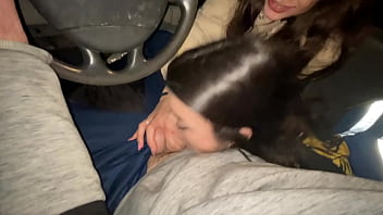 Double blowjob while driving a van