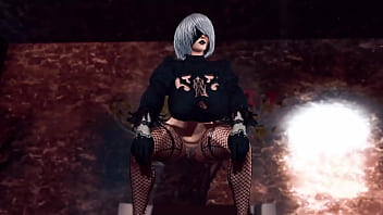 Busty slut yorha 2b dancing and posing against the glass wall