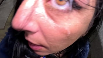 Rainy night fetish – blue downjacket glitter jeans & messy deepthroat 308