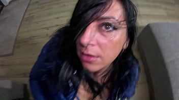 Rainy night fetish – blue downjacket glitter jeans & messy deepthroat 308