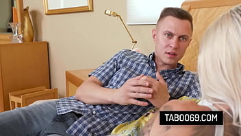 Busty tattooed slut riding on stepcousin's hard cock with her hairy pussy