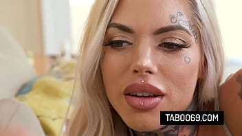 Busty tattooed slut riding on stepcousin's hard cock with her hairy pussy