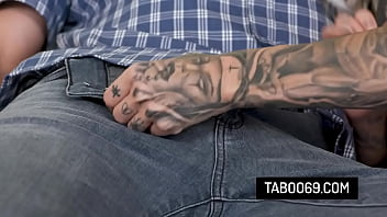 Busty tattooed slut riding on stepcousin's hard cock with her hairy pussy