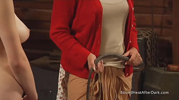 Curvy big boobs lesbian slave moans from spanking and fingering with madame