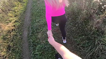 Blonde with perfect ass fucking sex at sunset without taking off her panties standing doggy style amateur couple pov sex outdoor