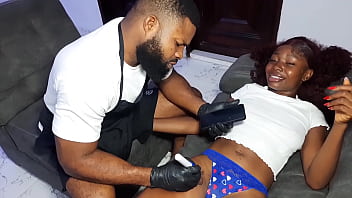 My female client asked me to fuck her with my big dick after drawing tattoo on her ass and pussy area