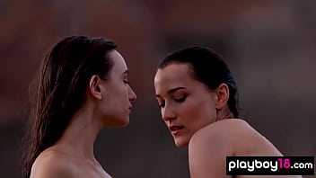 Big tits lesbian babe caressing her petite mistress