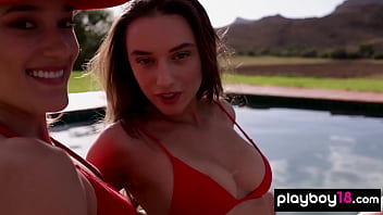 Big tits lesbian babe caressing her petite mistress