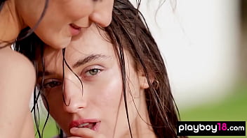 Big tits lesbian babe caressing her petite mistress