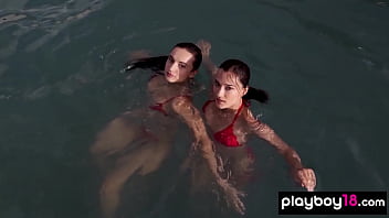 Big tits lesbian babe caressing her petite mistress