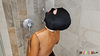 Spandexqueen In The Shower In Her Wet Bodysuit Receives Cum In Her Mouth thumbnail