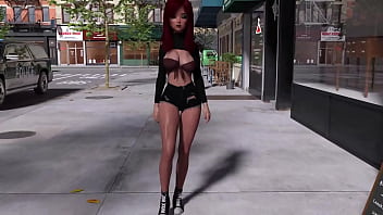 Alyson walking down sidewalk while her magical breasts show themselves in public