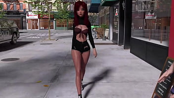 Alyson walking down sidewalk while her magical breasts show themselves in public
