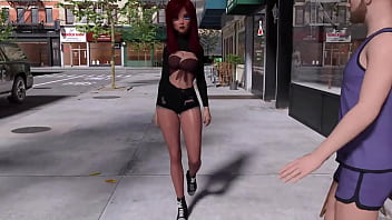 Alyson walking down sidewalk while her magical breasts show themselves in public